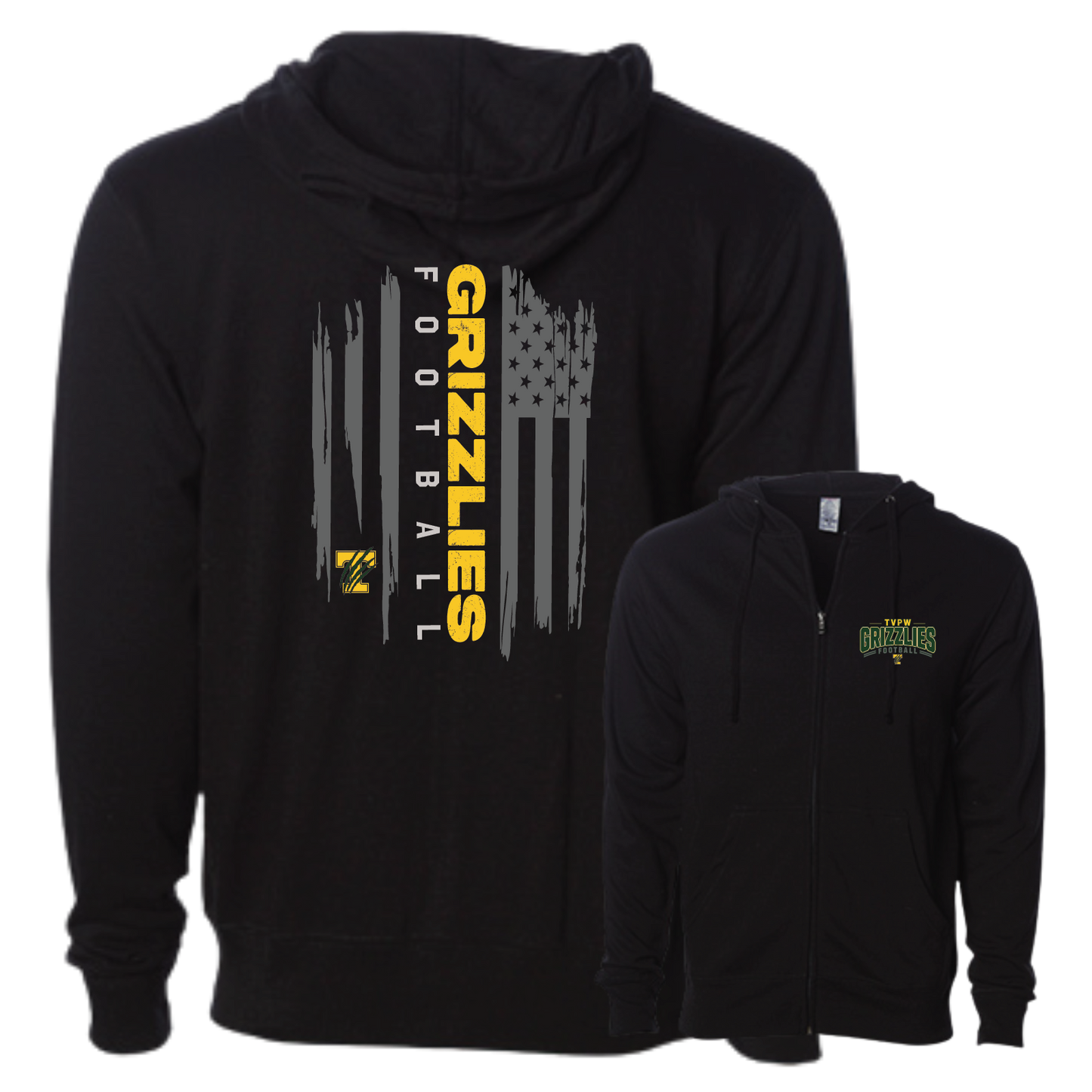 TVPW - 9U GRIZZLIES FOOTBALL - (Flag) Zip Up Hoodie (Adult Unisex)