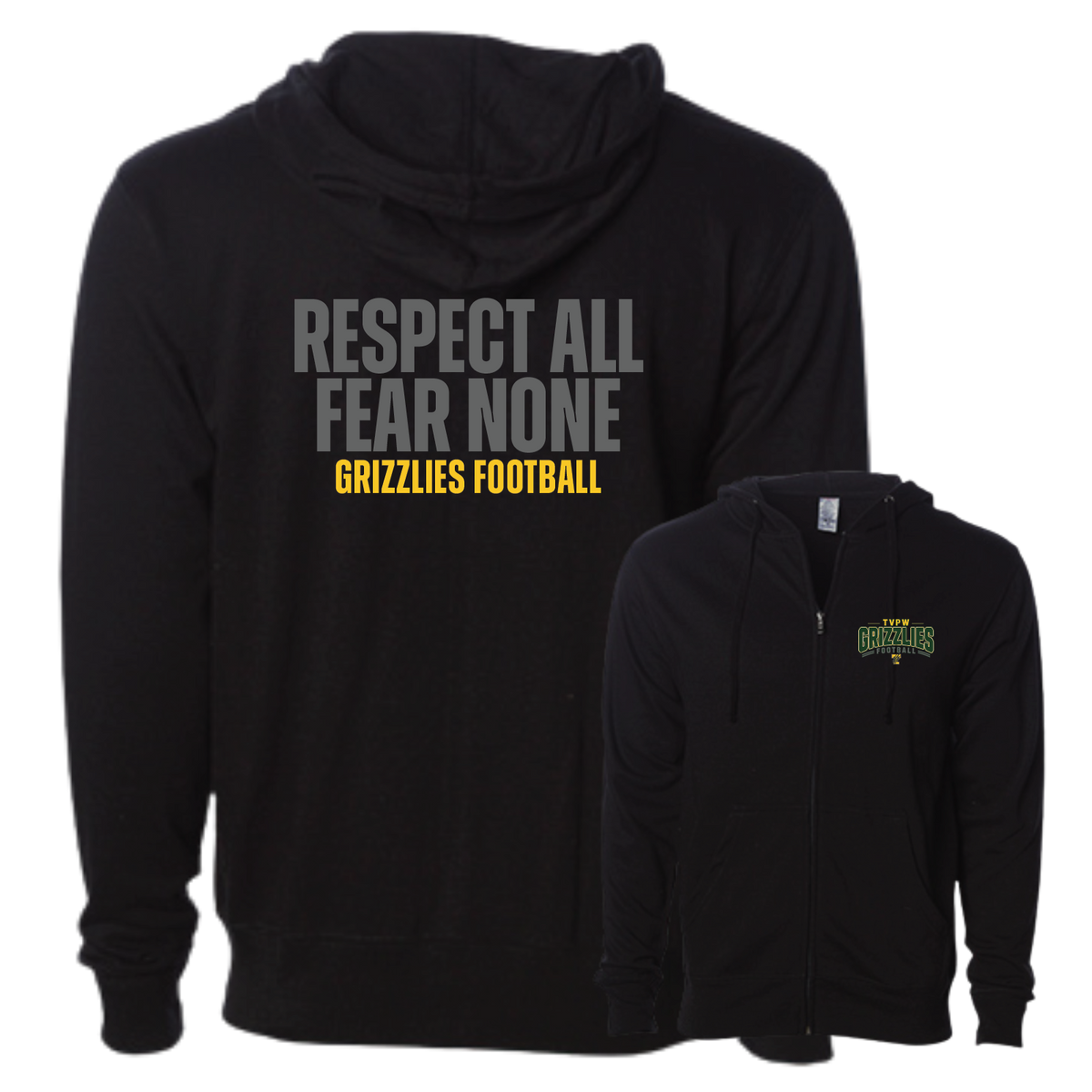 TVPW - 9U GRIZZLIES FOOTBALL - (Respect) Zip Up Hoodie (Adult Unisex)